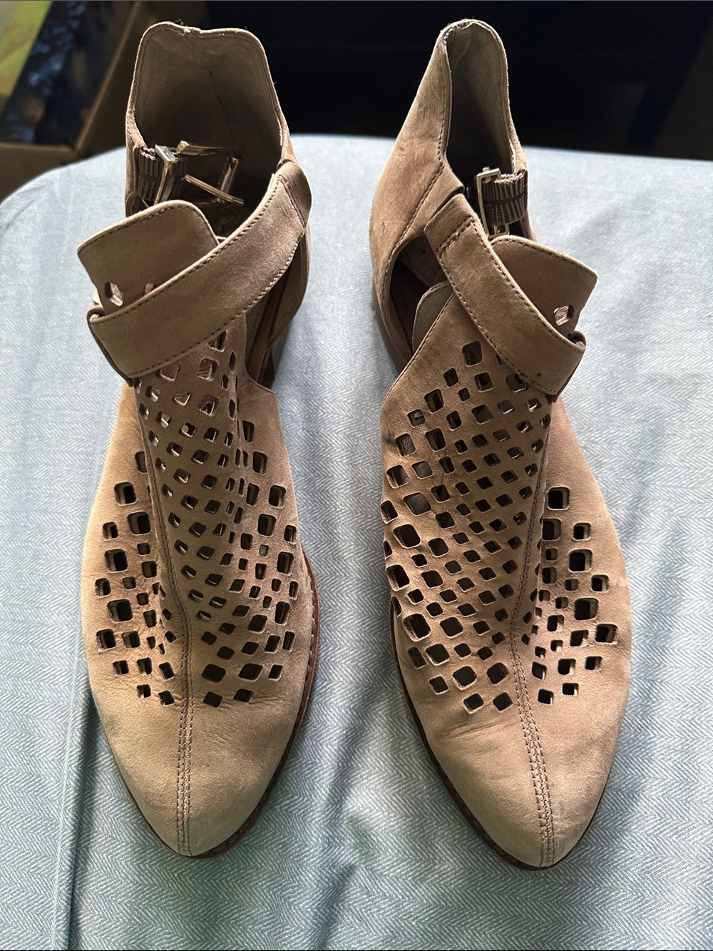 Vince Camuto Tan Laser-Cut Pointed Ankle Booties